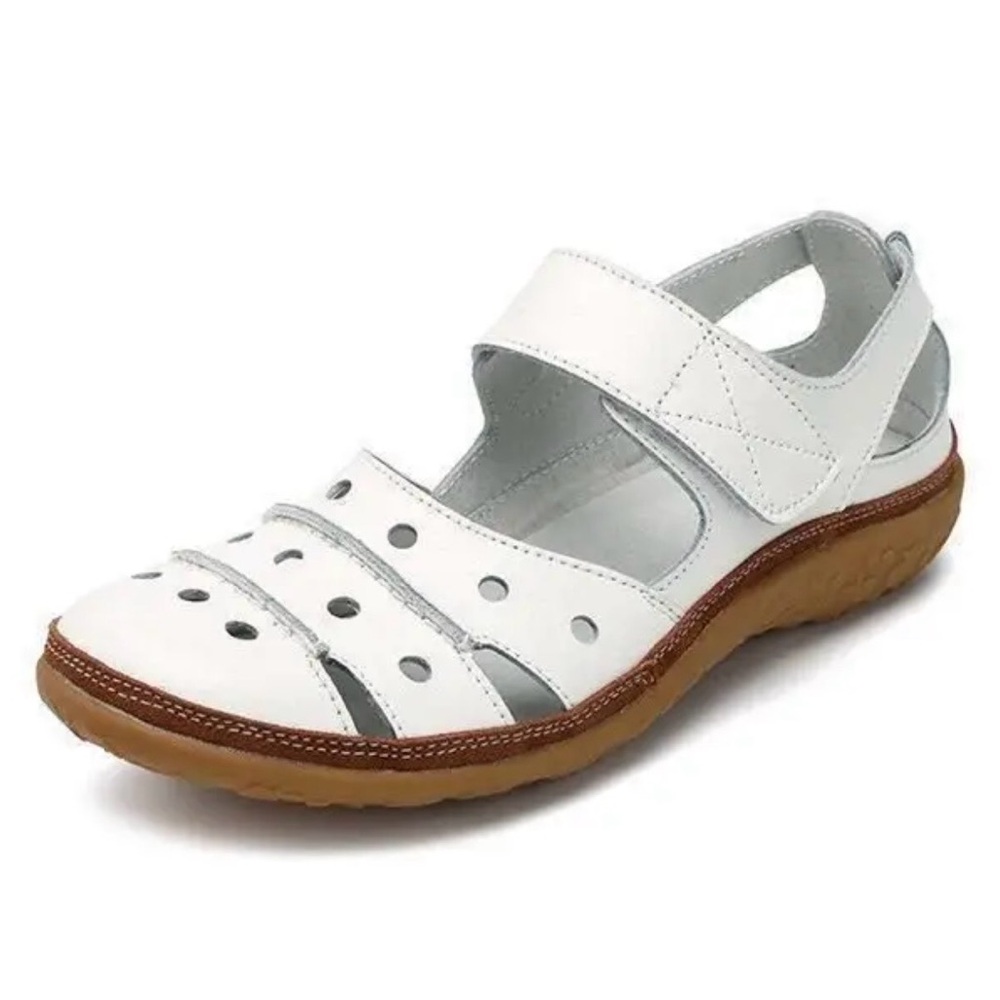 OWLKAY Stride Harmony Hollow Womens White Leather Hook Flat Sandal 8.5/41 - Picture 2 of 9
